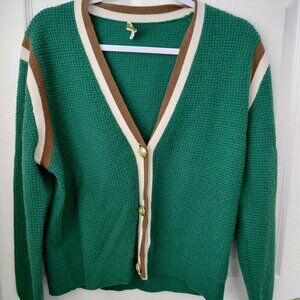 J.Crew Cashmere Cardigan Sweater Green Preppy Academia Medium V Neck FLAW